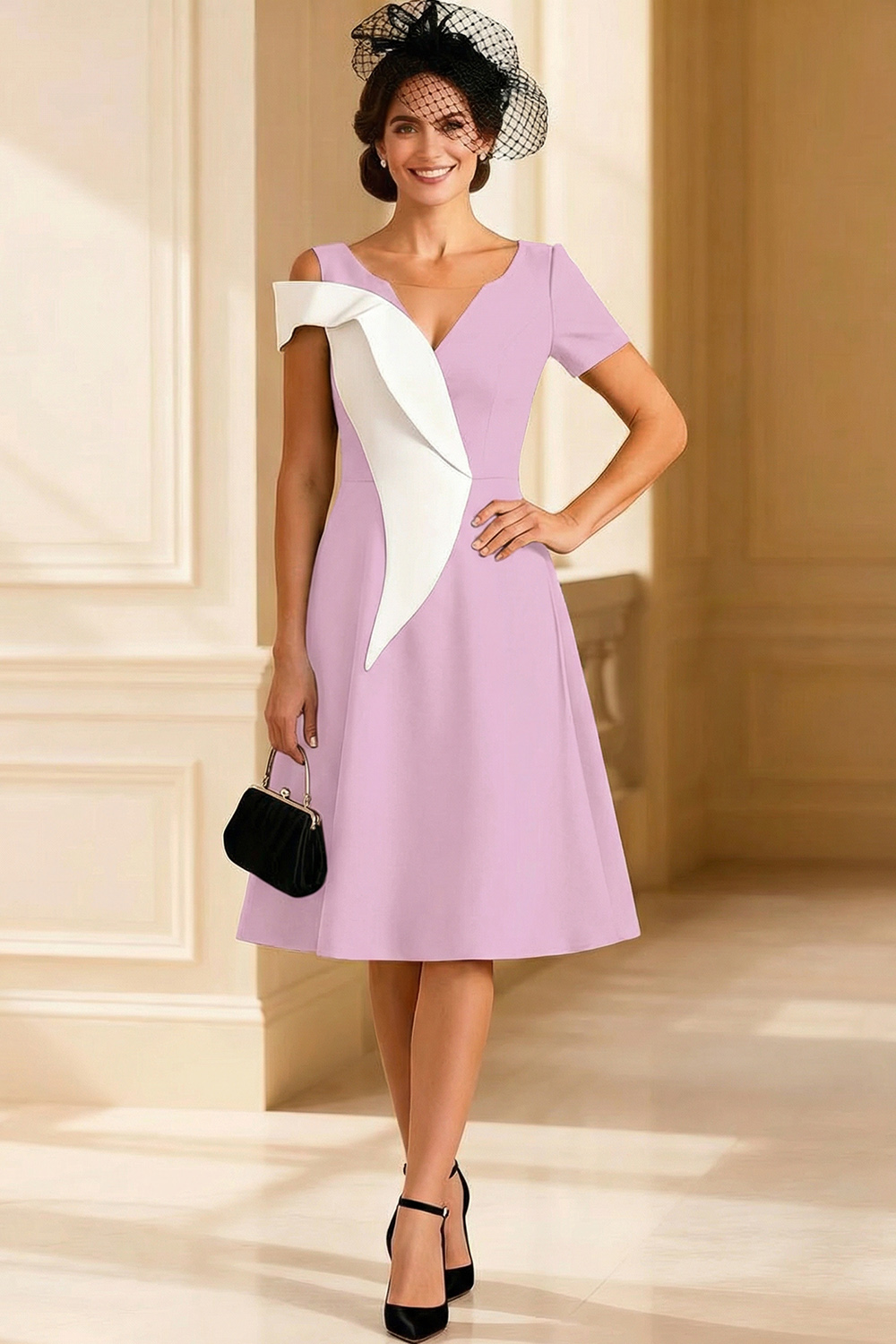 V Neck Black and White A Line Midi Mother of the Bride Dress