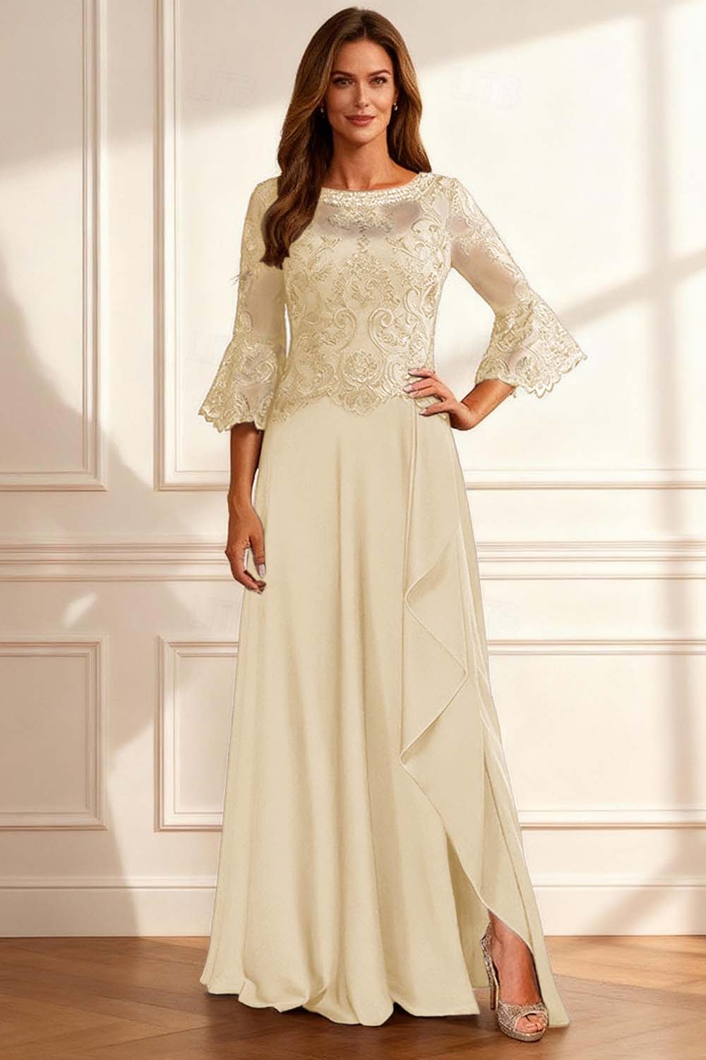 Sparkly Coffee Beaded Ruffled A Line Floor-Length Mother of the Bride Dress with Lace