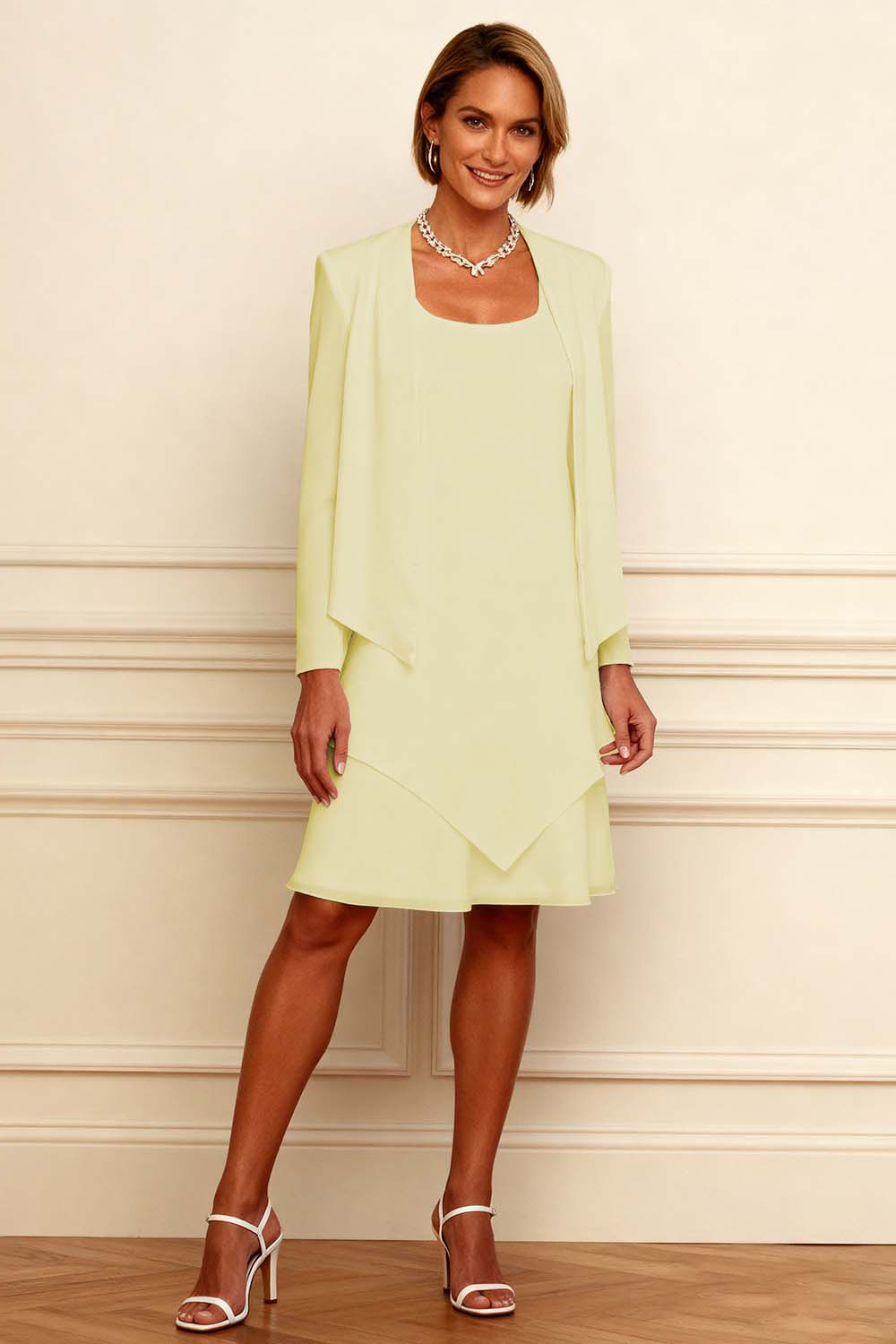 Ivory Scoop Neck Chiffon Knee-Length 2-Piece Mother of the Bride Dress with Jacket