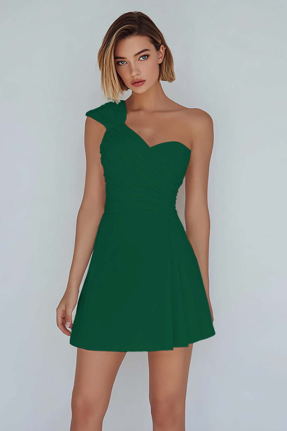 Ivory One Shoulder Satin Ruched A-Line Short Homecoming Dress