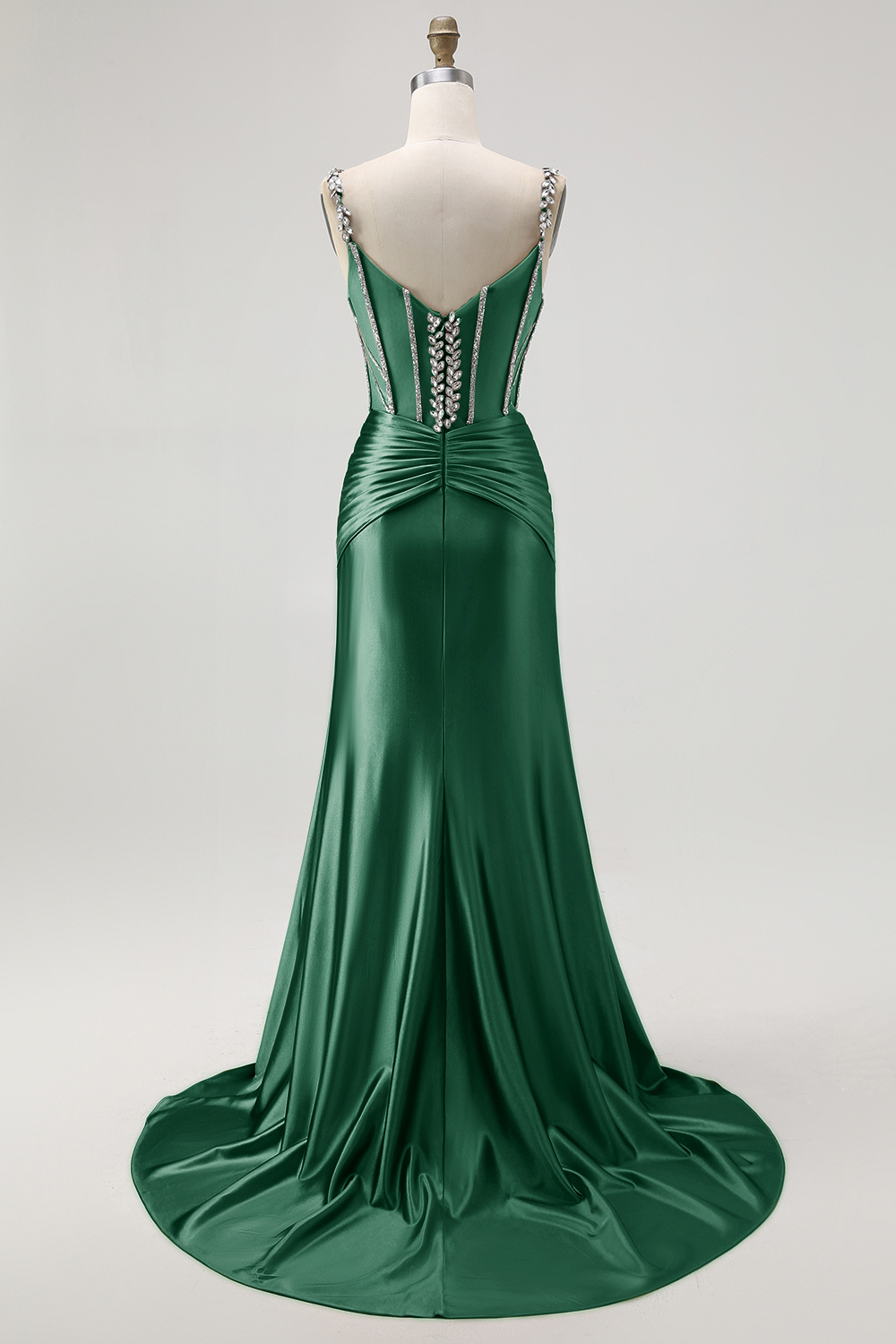 Sparkly Blush Spaghetti Straps Mermaid Beaded Satin Long Corset Prom Dress