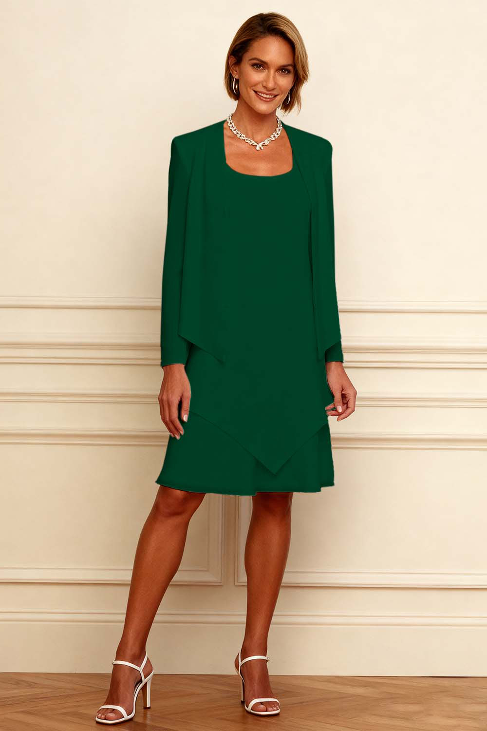 Ivory Scoop Neck Chiffon Knee-Length 2-Piece Mother of the Bride Dress with Jacket