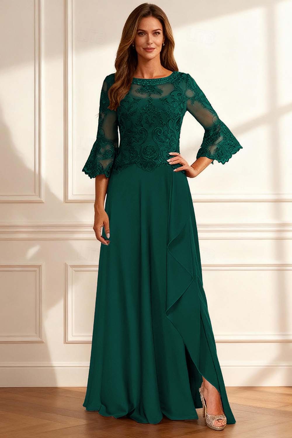 Sparkly Coffee Beaded Ruffled A Line Floor-Length Mother of the Bride Dress with Lace