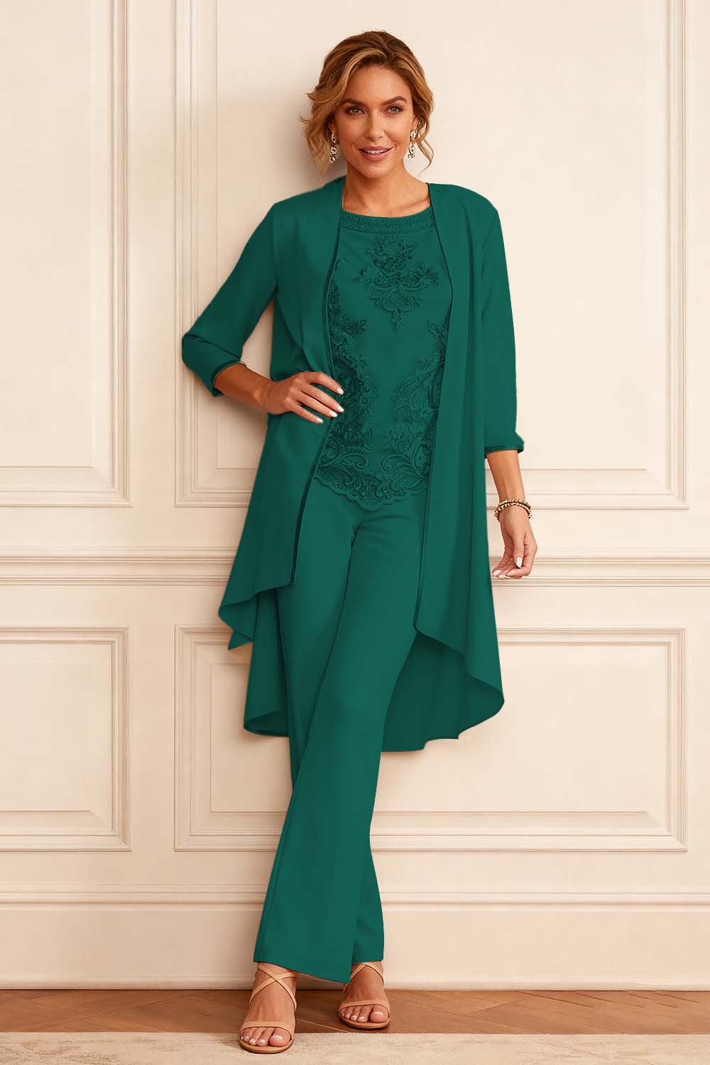 Apricot Round Neck 3 Piece Mother of the Bride Pant Suits with Jacket