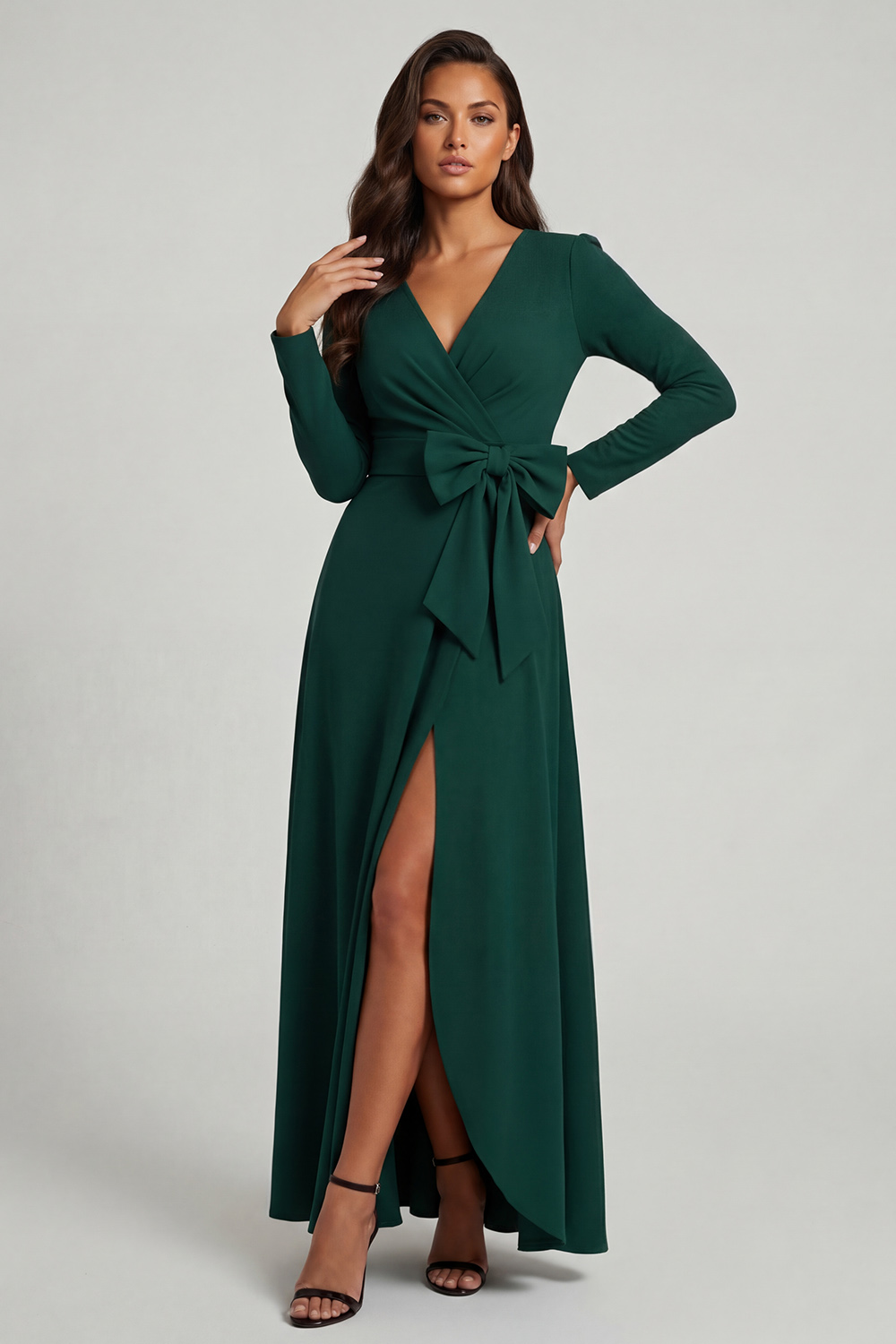 Burgundy V-Neck A Line Ruched Long Mother of the Bride Dress with Slit