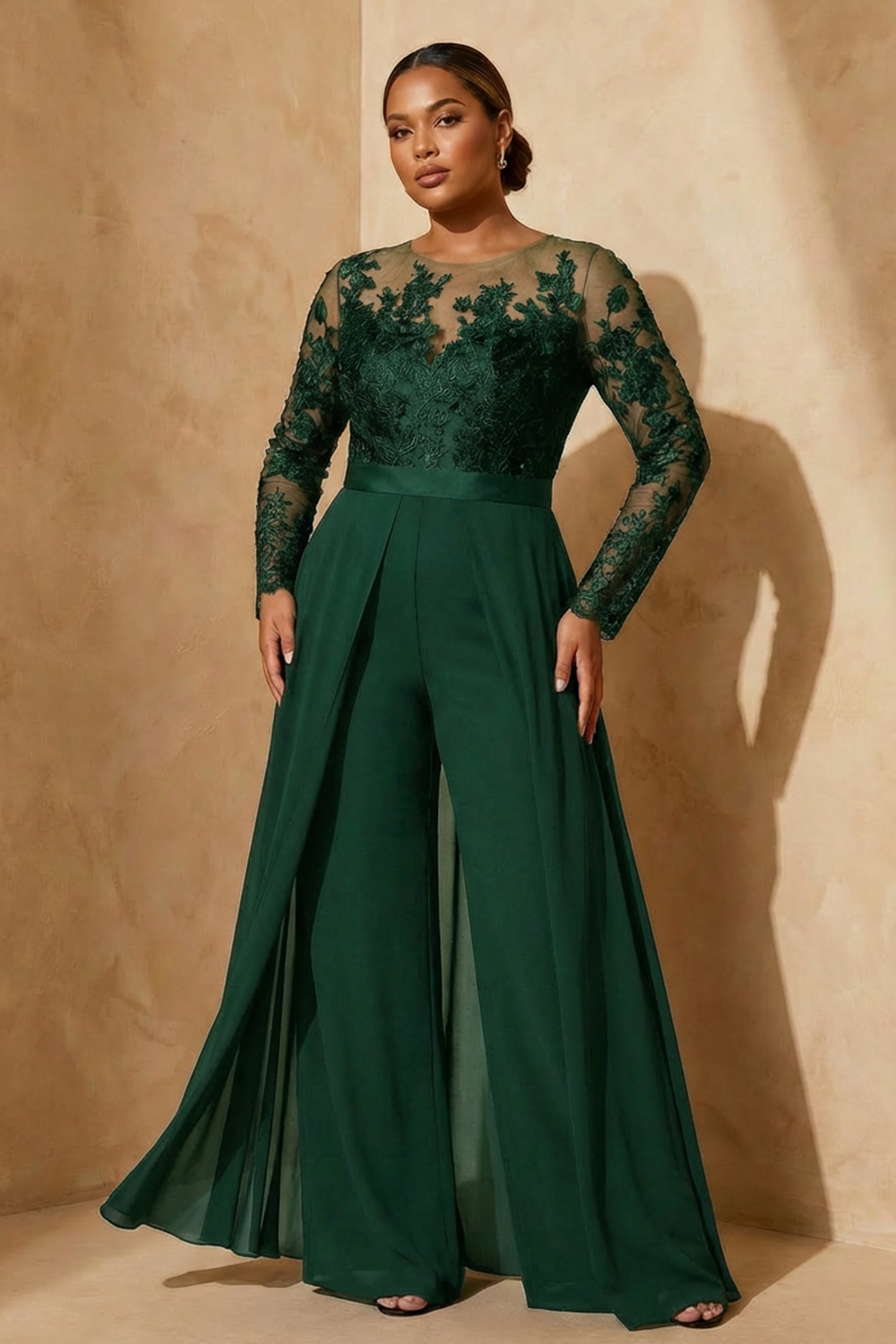 Black Chiffon Illusion Neck Floor-Length Mother Of The Bride Jumpsuit with Cape