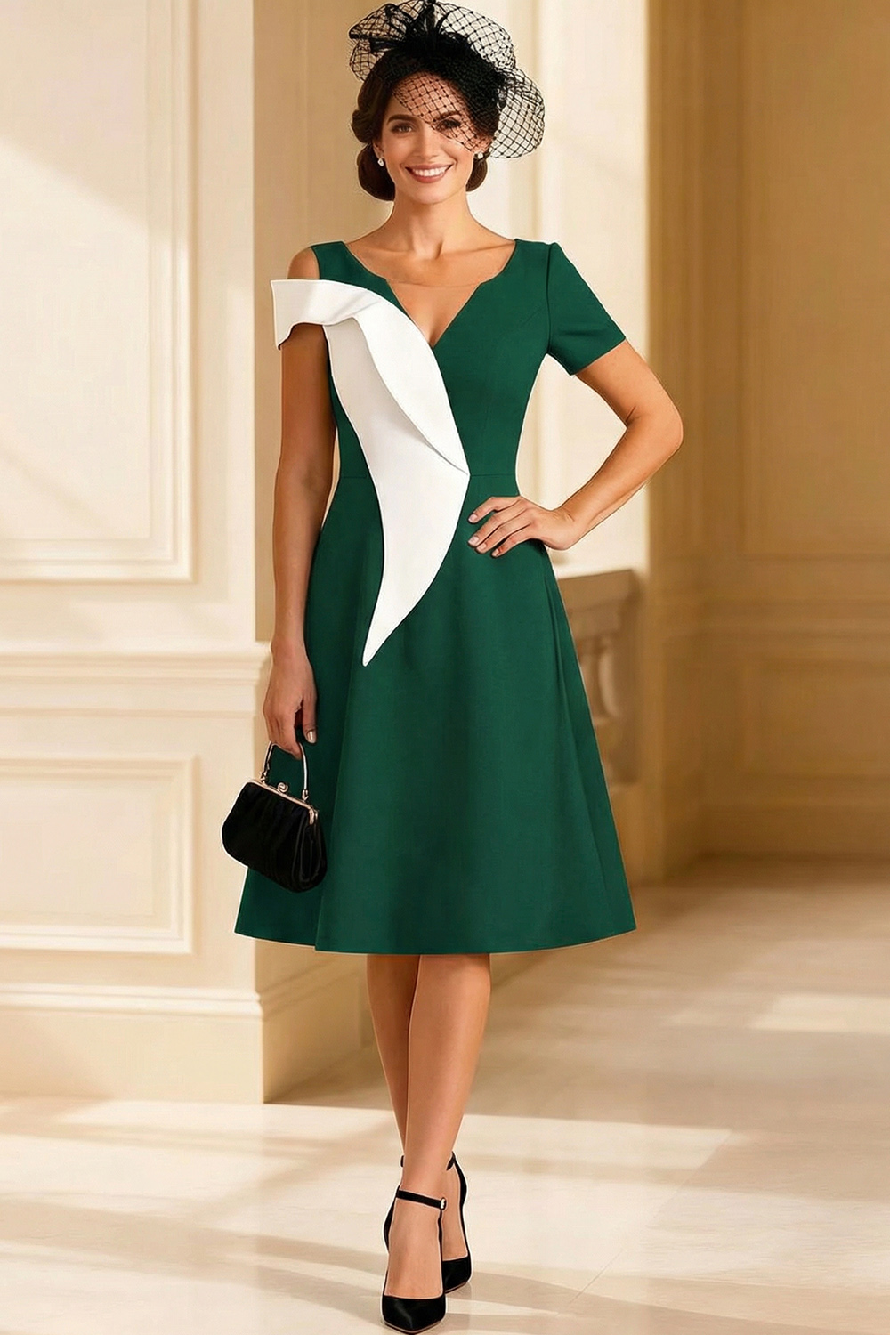 V Neck Black and White A Line Midi Mother of the Bride Dress