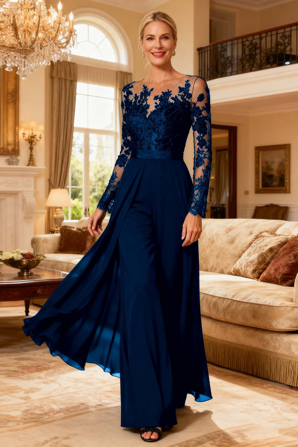 Black Chiffon Illusion Neck Mother Of The Bride Pant Suits with Side Cape