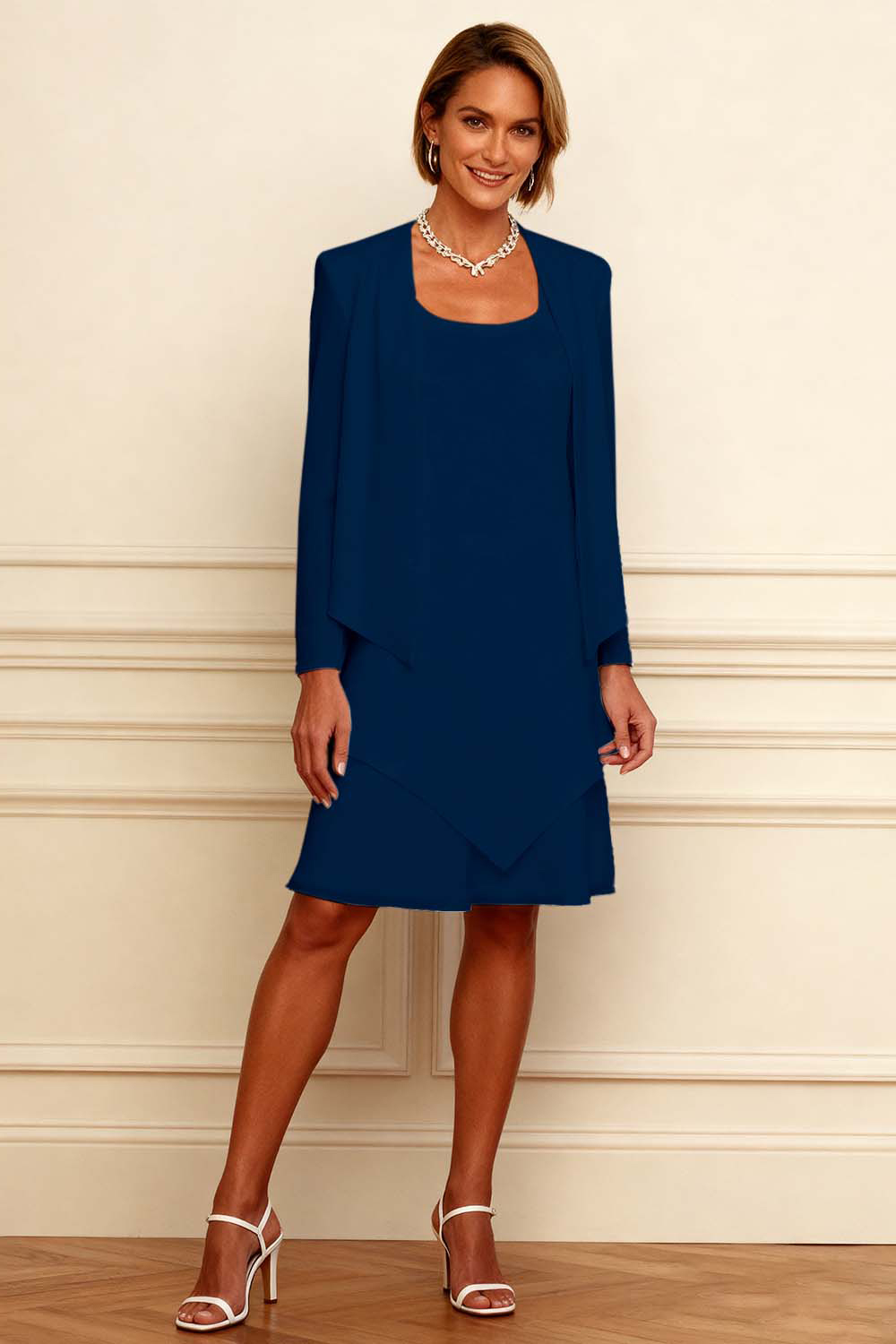 Ivory Scoop Neck Chiffon Knee-Length 2-Piece Mother of the Bride Dress with Jacket