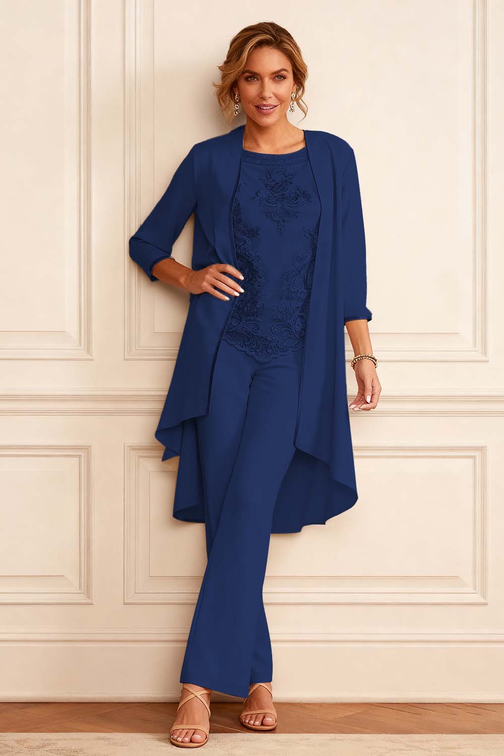 Apricot Round Neck 3 Piece Mother of the Bride Pant Suits with Jacket