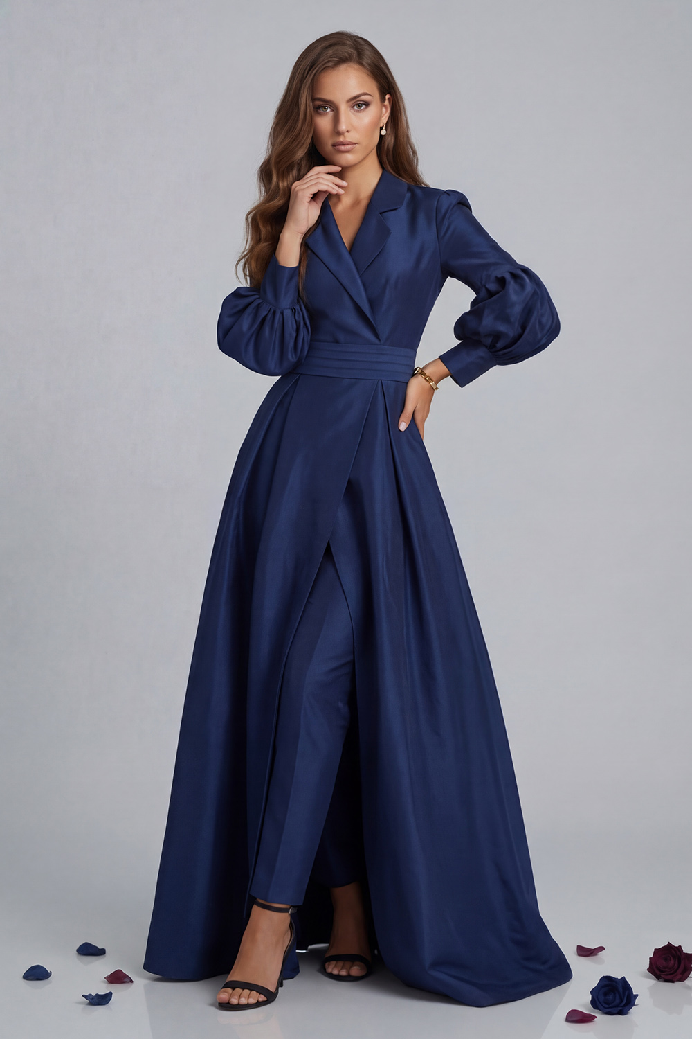 Olive Notched Lapel Puff Sleeves 2 Piece Mother of the Bride Pant Suits with Jacket