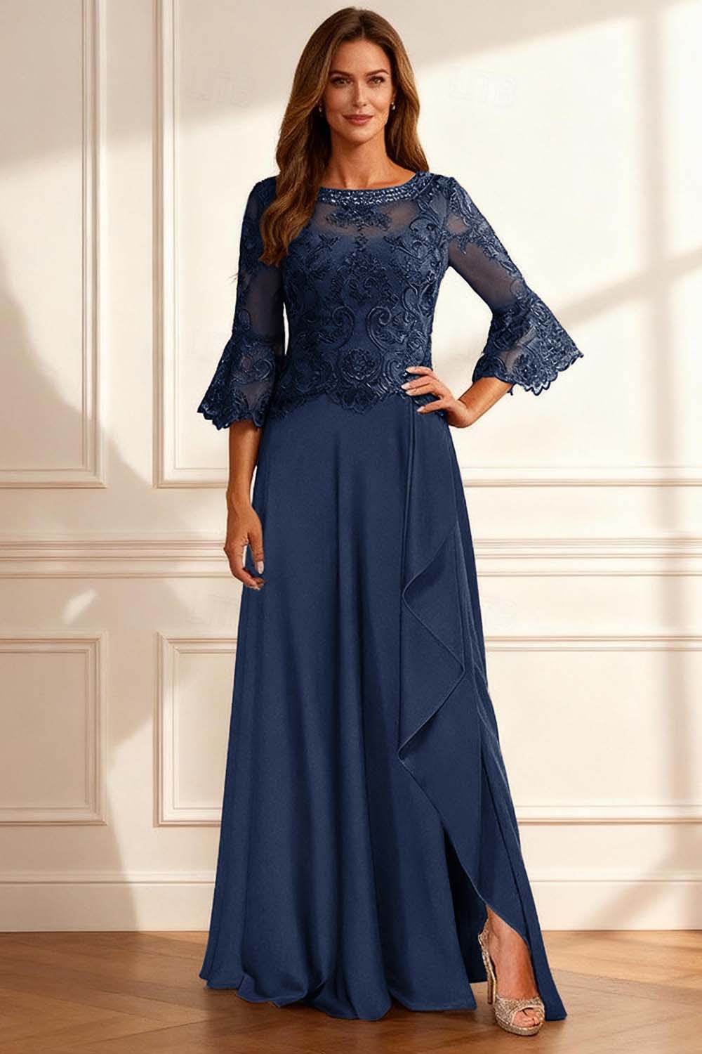 Sparkly Coffee Beaded Ruffled A Line Floor-Length Mother of the Bride Dress with Lace