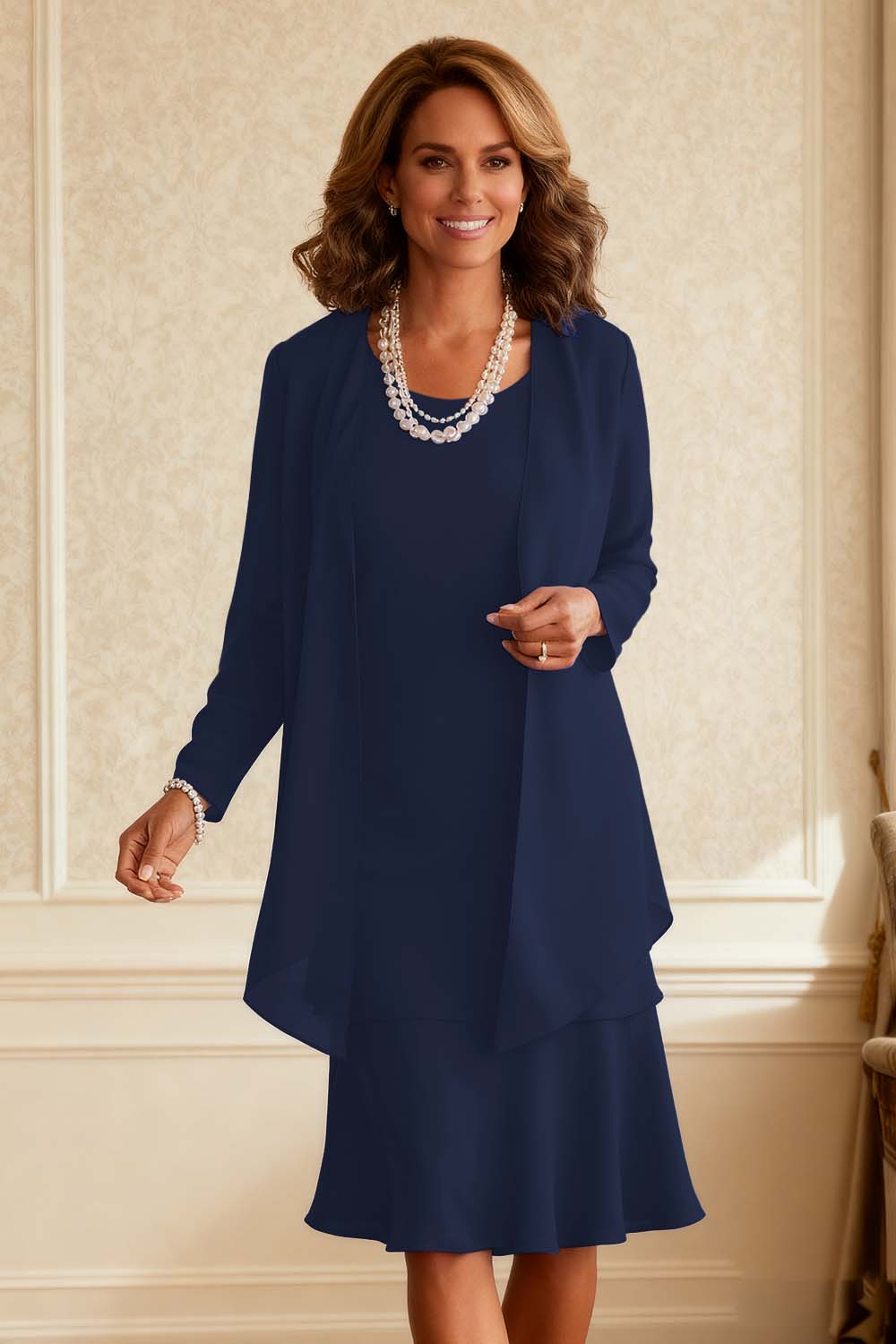 Royal Blue Chiffon Scoop Neck Knee-Length 2-Piece Mother of the Bride Dress with Jacket