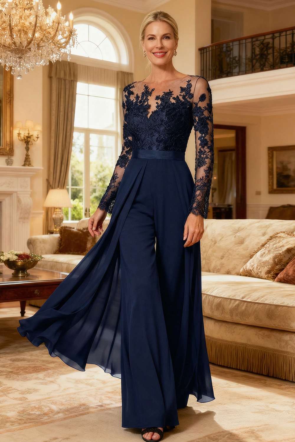 Black Chiffon Illusion Neck Floor-Length Mother Of The Bride Jumpsuit with Cape