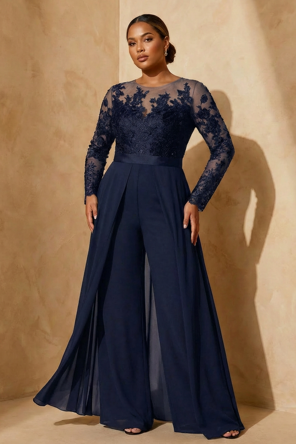 Black Chiffon Illusion Neck Floor-Length Mother Of The Bride Jumpsuit with Cape
