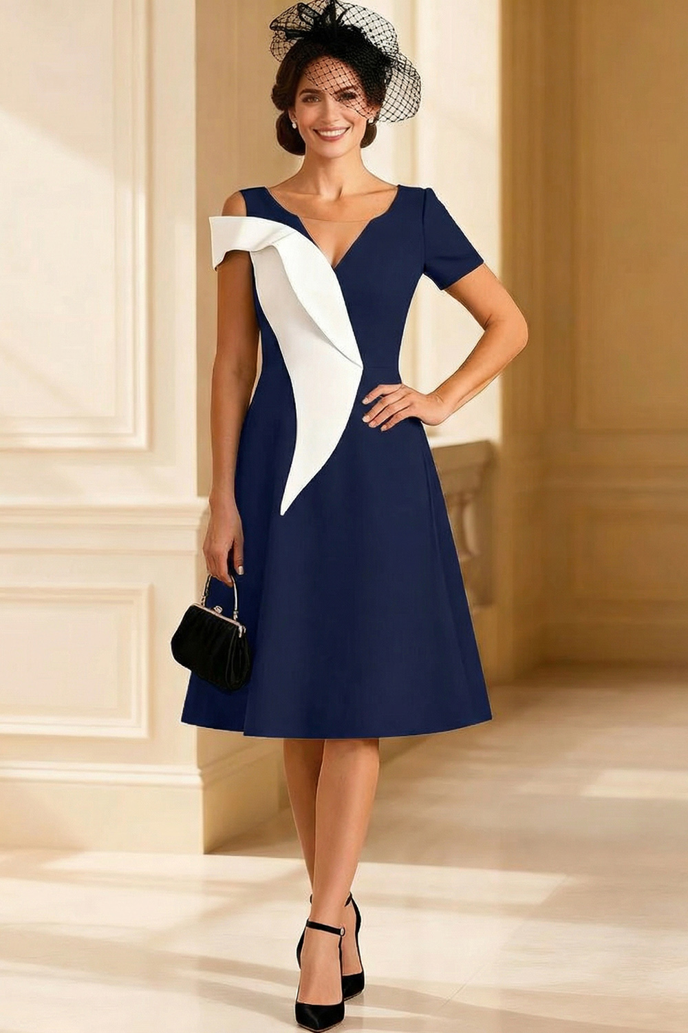 V Neck Black and White A Line Midi Mother of the Bride Dress