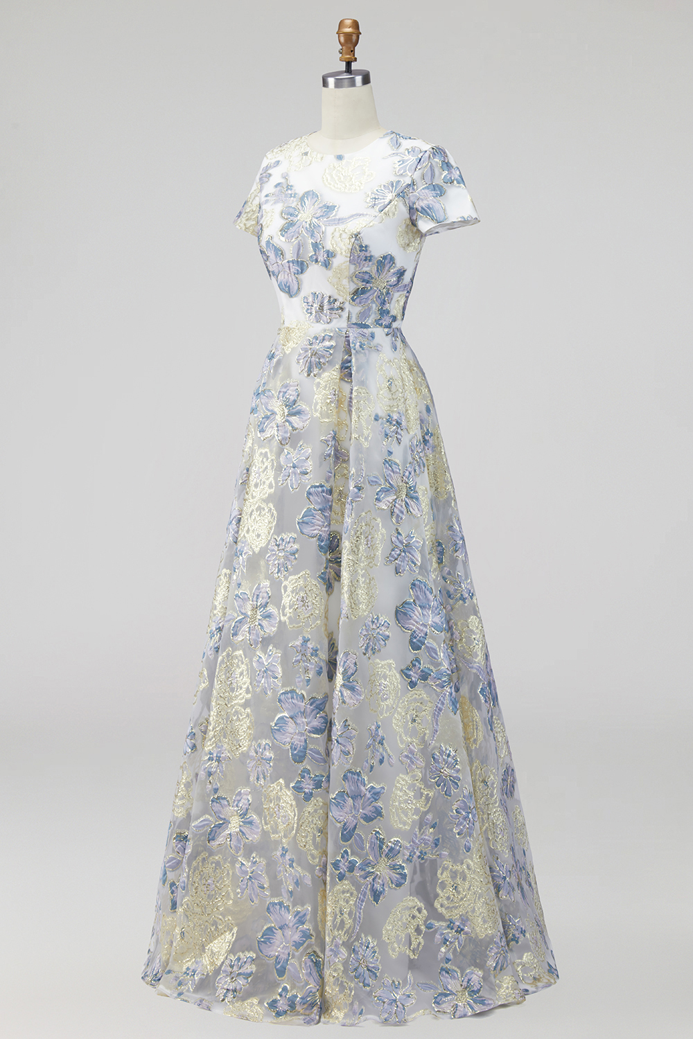 Dusty Blue Floral Round Neck A Line Long Mother of the Bride Dress
