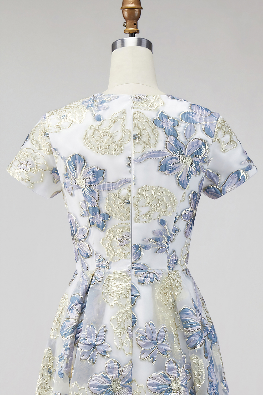 Dusty Blue Floral Round Neck A Line Long Mother of the Bride Dress