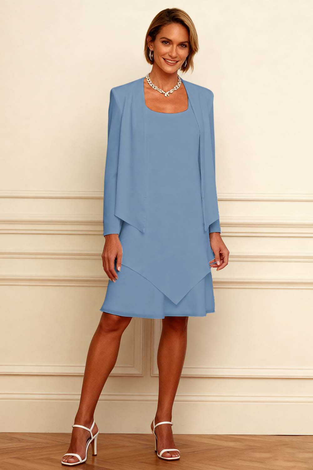 Ivory Scoop Neck Chiffon Knee-Length 2-Piece Mother of the Bride Dress with Jacket