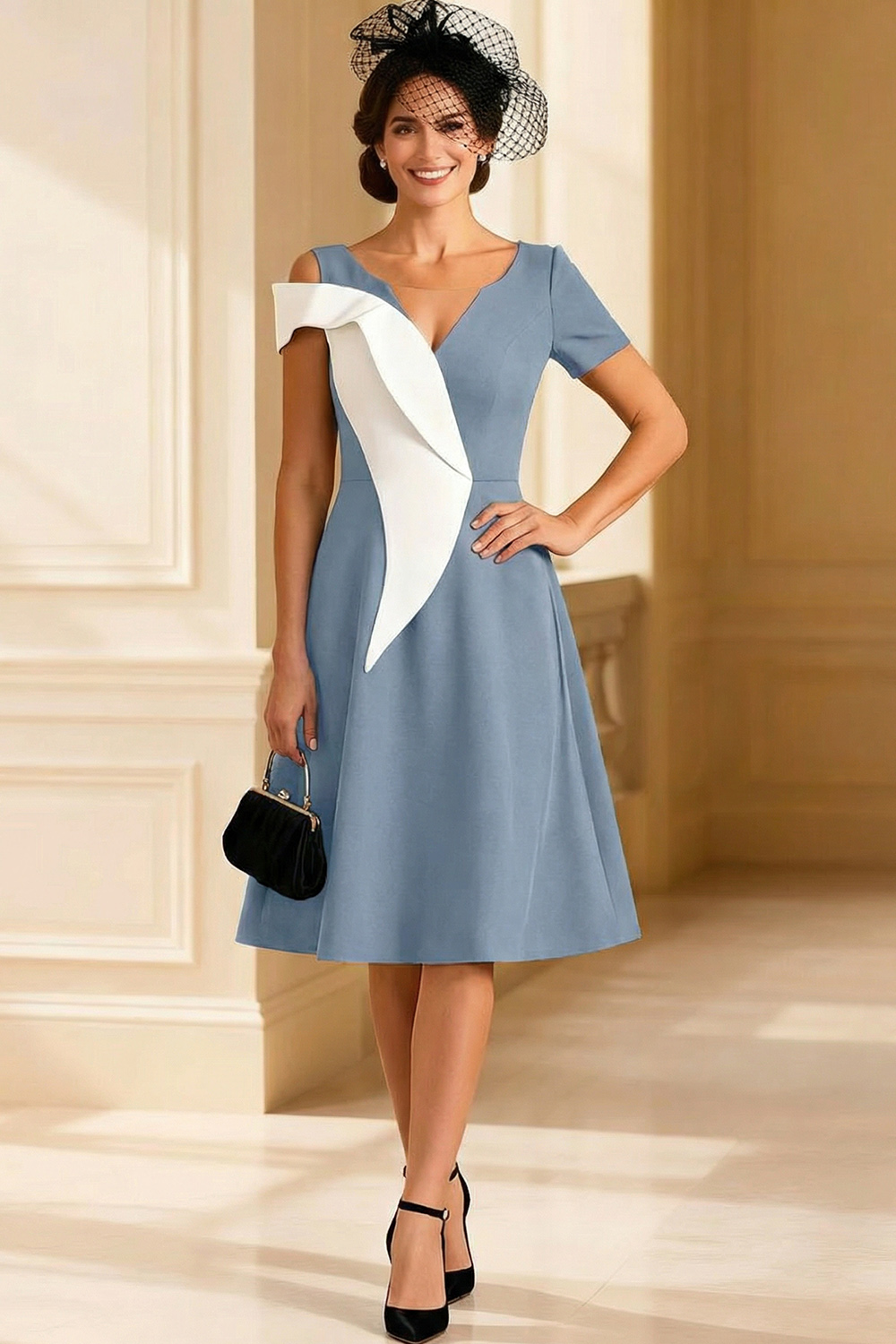 V Neck Black and White A Line Midi Mother of the Bride Dress