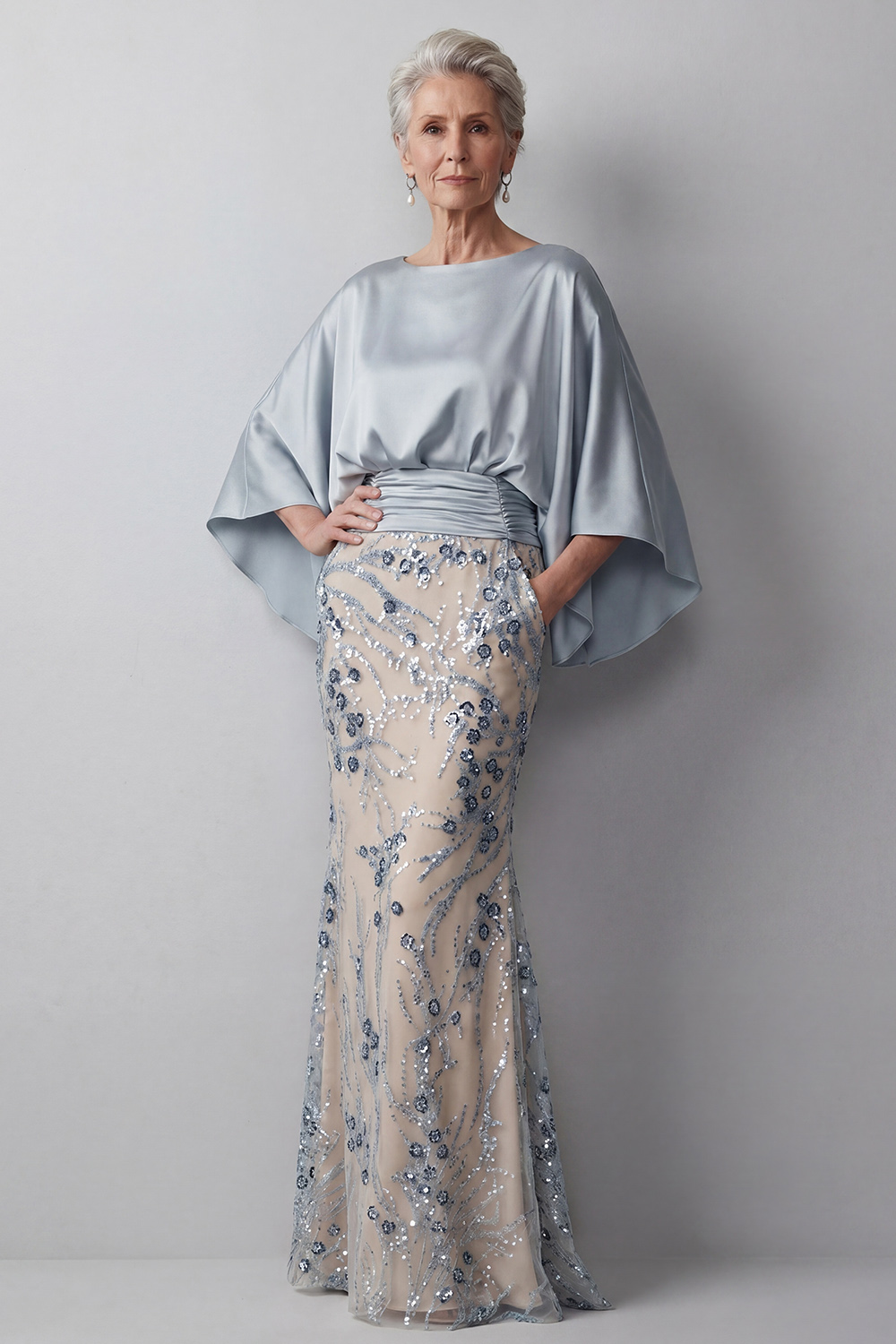 Sparkly Champagne Beaded Floral Mermaid Long Grandmother of the Bride Dress with Pockets