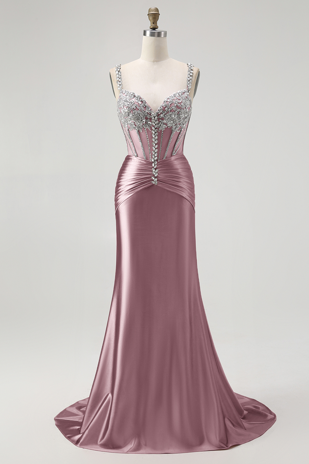 Sparkly Blush Spaghetti Straps Mermaid Beaded Satin Long Corset Prom Dress