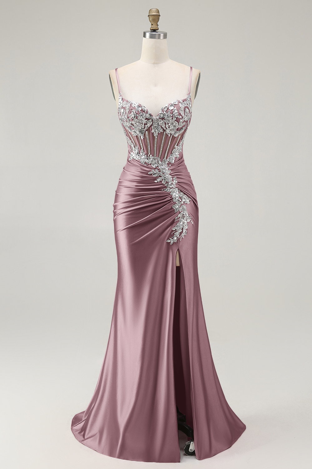Sparkly Grey Pink Corset Satin Mermaid Long Prom Dress with Slit
