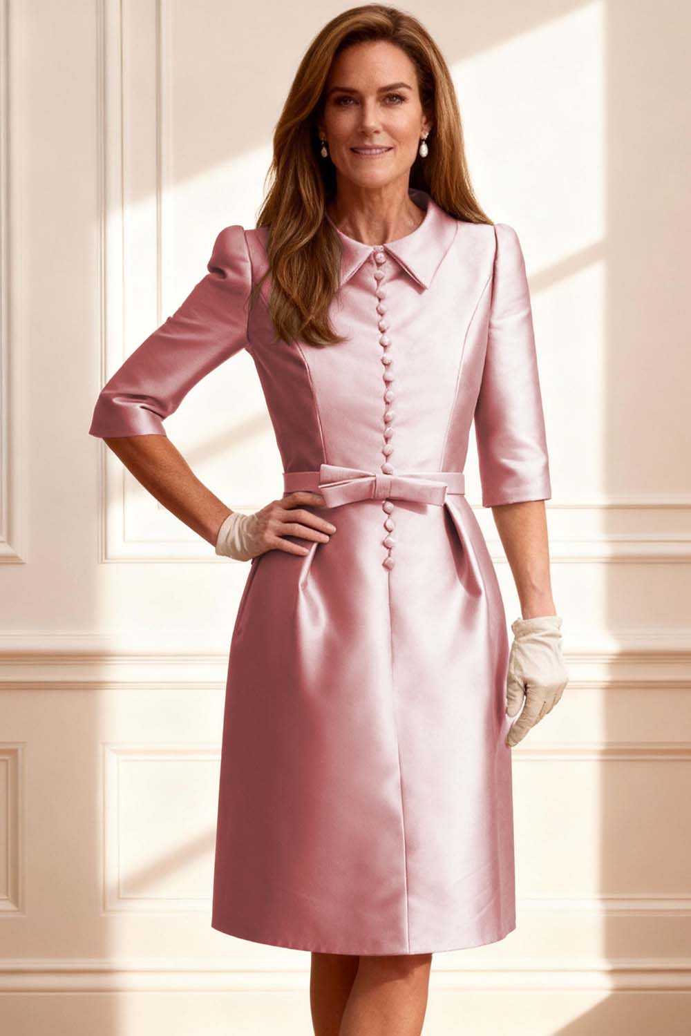 Silver Satin Bodycon Knee-Length Mother of the Bride Dress with Bow