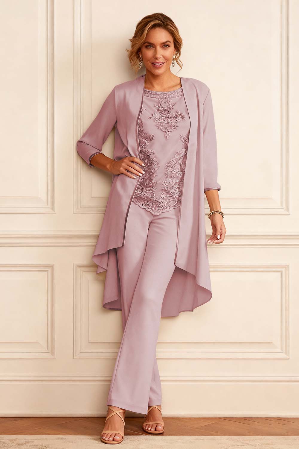 Apricot Round Neck 3 Piece Mother of the Bride Pant Suits with Jacket