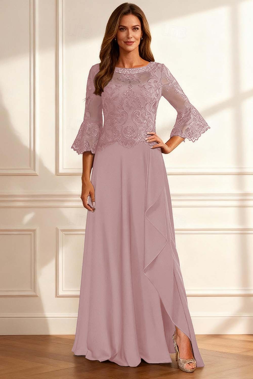 Sparkly Coffee Beaded Ruffled A Line Floor-Length Mother of the Bride Dress with Lace