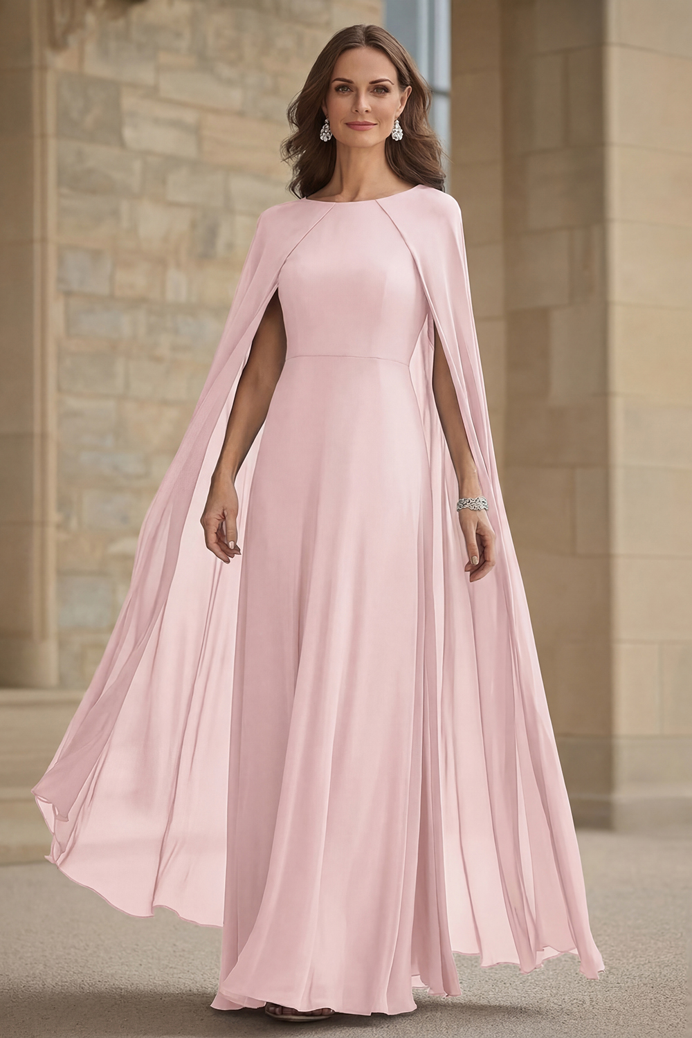 Scoop Neck Chiffon Navy Mother of the Bride Dress with Cape