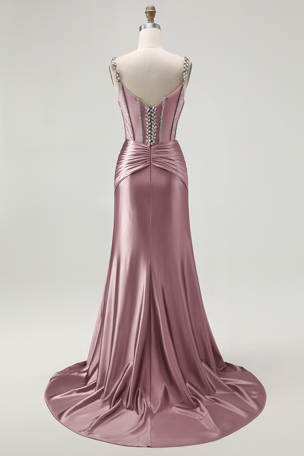 Sparkly Blush Spaghetti Straps Mermaid Beaded Satin Long Corset Prom Dress