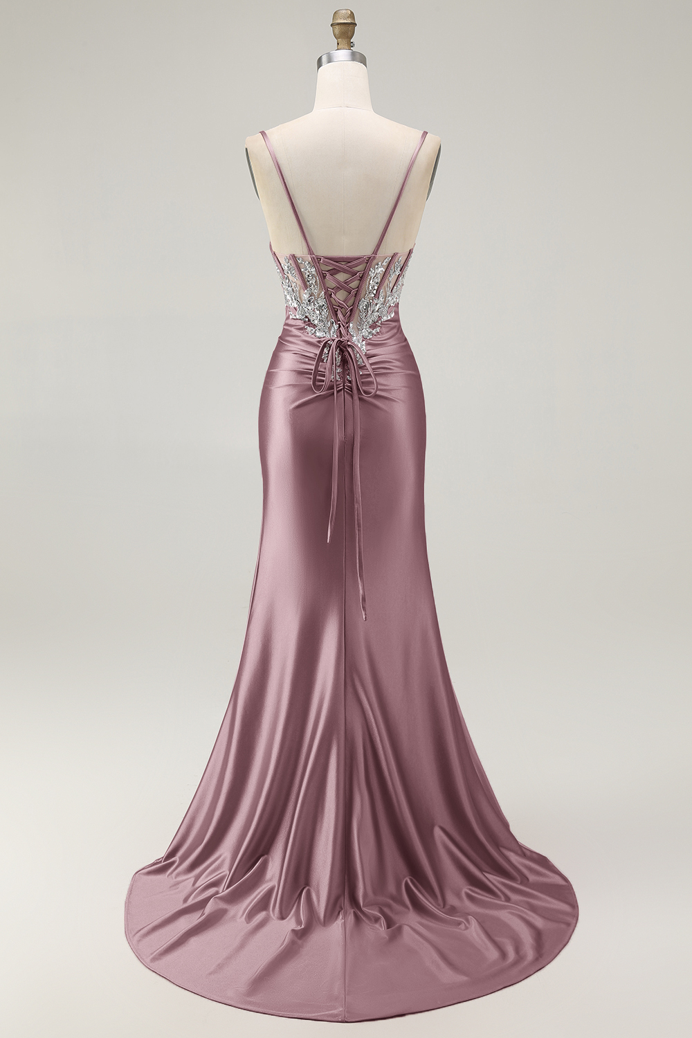Sparkly Grey Pink Corset Satin Mermaid Long Prom Dress with Slit