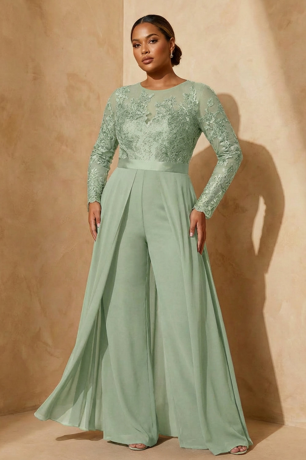 Black Chiffon Illusion Neck Floor-Length Mother Of The Bride Jumpsuit with Cape