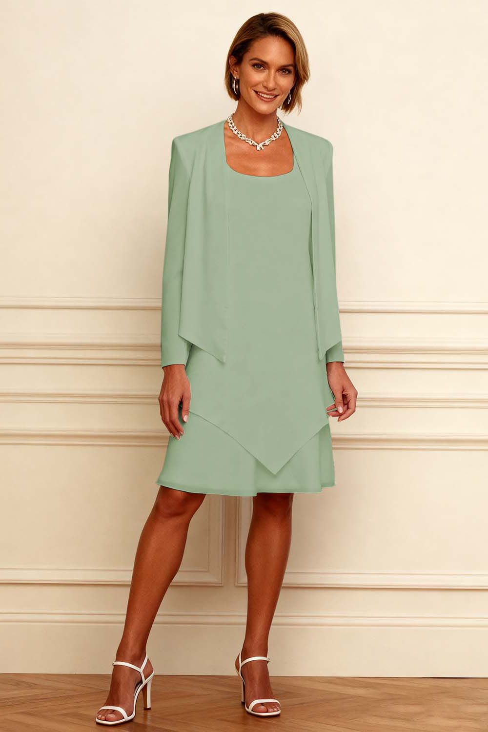 Ivory Scoop Neck Chiffon Knee-Length 2-Piece Mother of the Bride Dress with Jacket