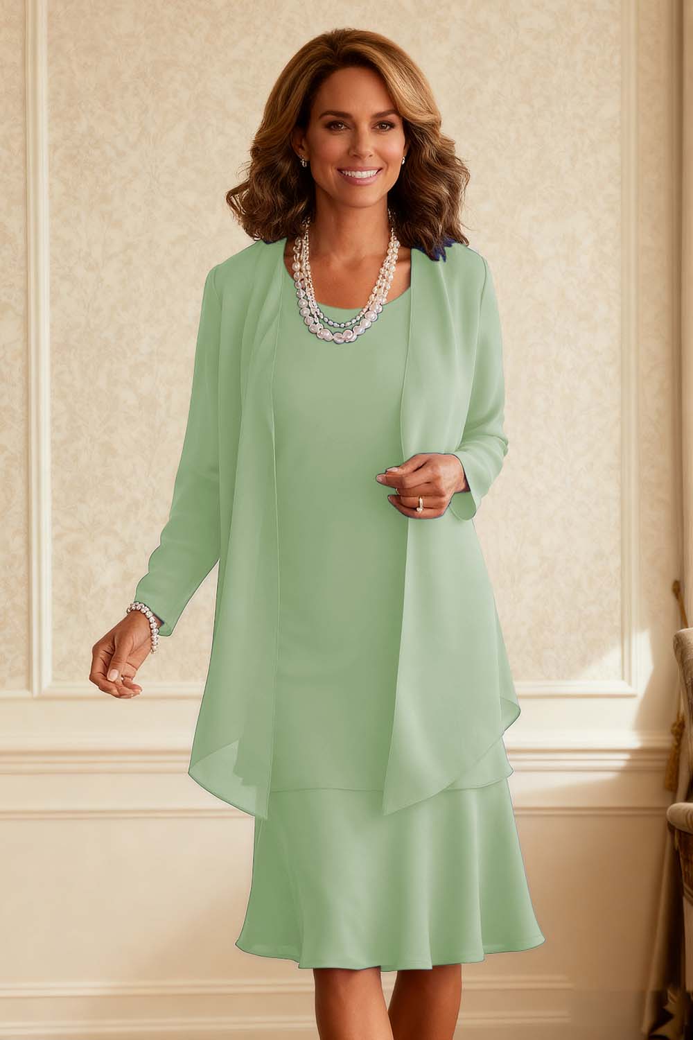 Royal Blue Chiffon Scoop Neck Knee-Length 2-Piece Mother of the Bride Dress with Jacket