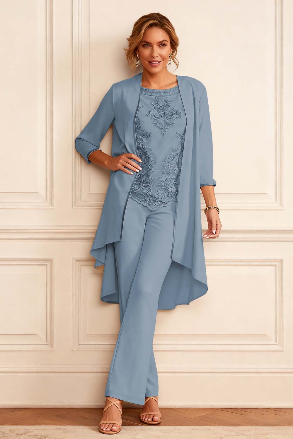 Apricot Round Neck 3 Piece Mother of the Bride Pant Suits with Jacket