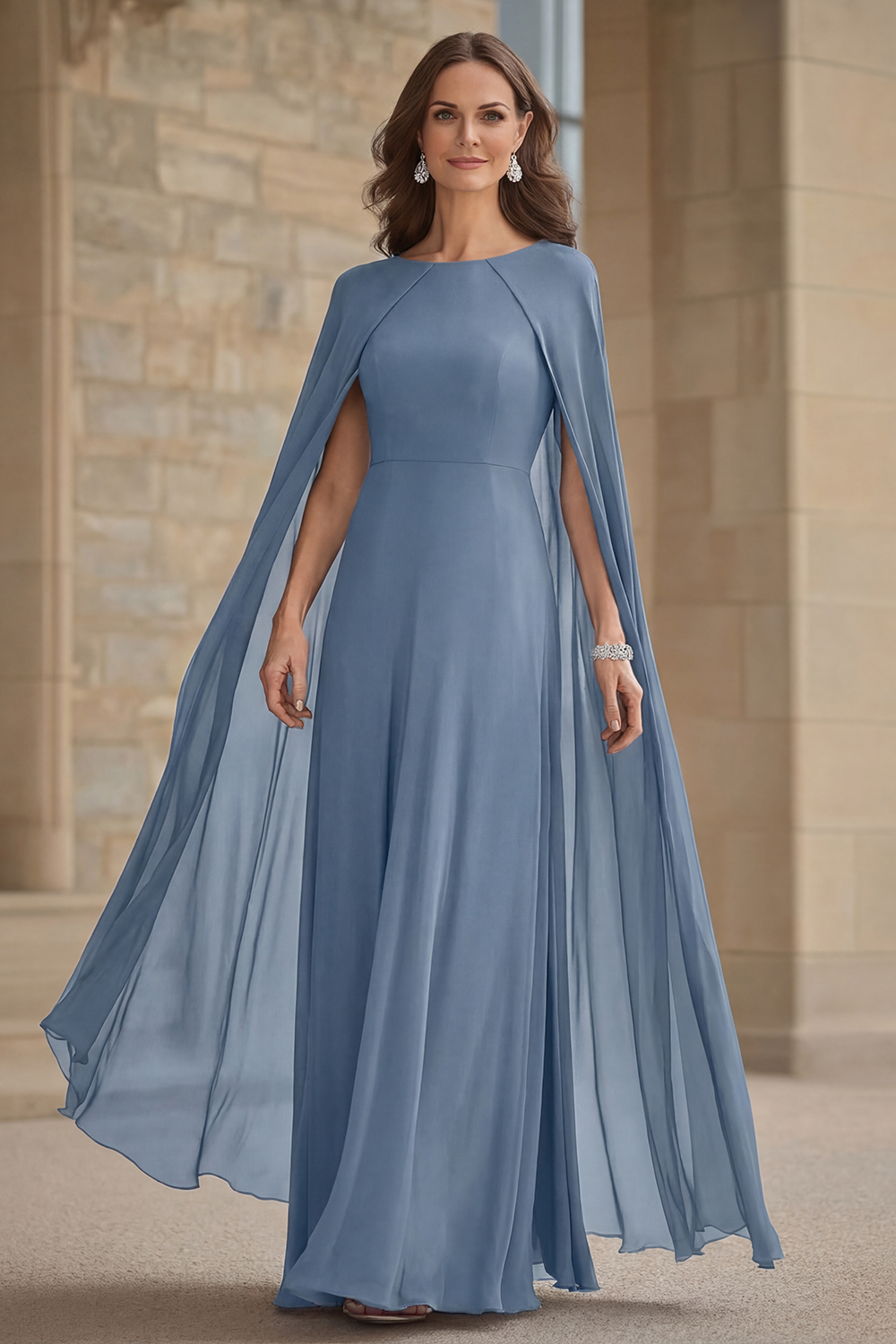 Scoop Neck Chiffon Navy Mother of the Bride Dress with Cape