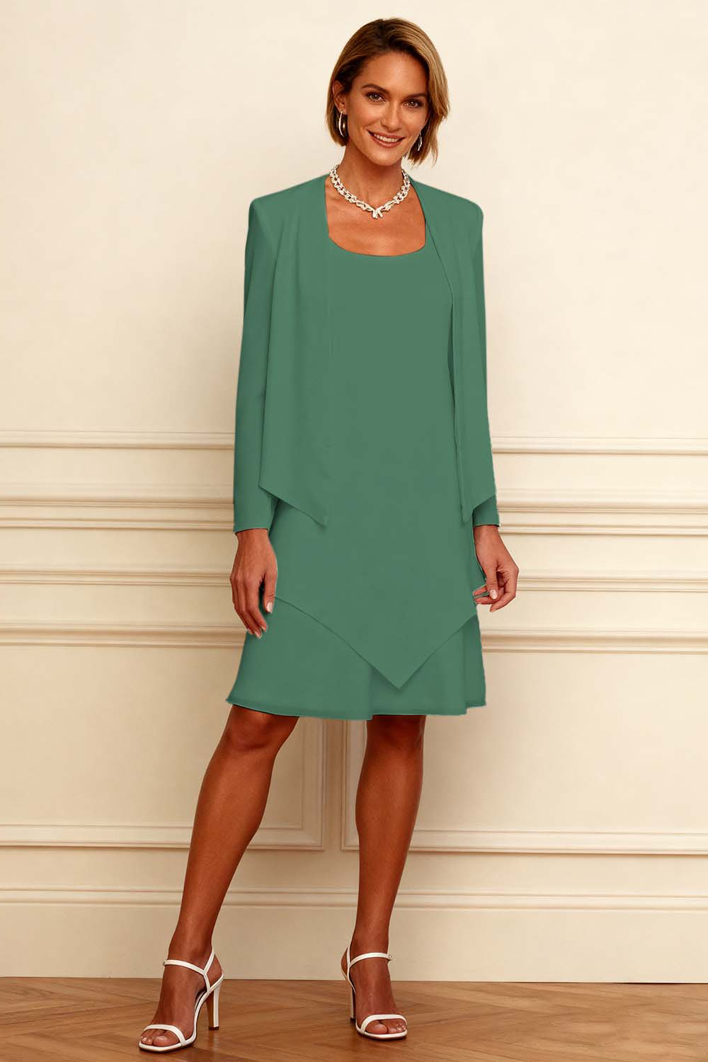 Ivory Scoop Neck Chiffon Knee-Length 2-Piece Mother of the Bride Dress with Jacket