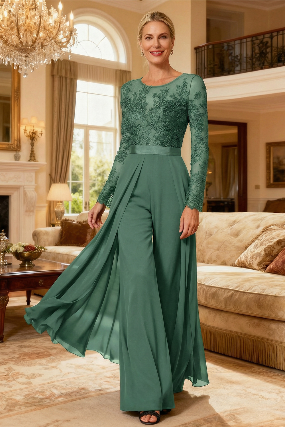 Black Chiffon Illusion Neck Floor-Length Mother Of The Bride Jumpsuit with Cape