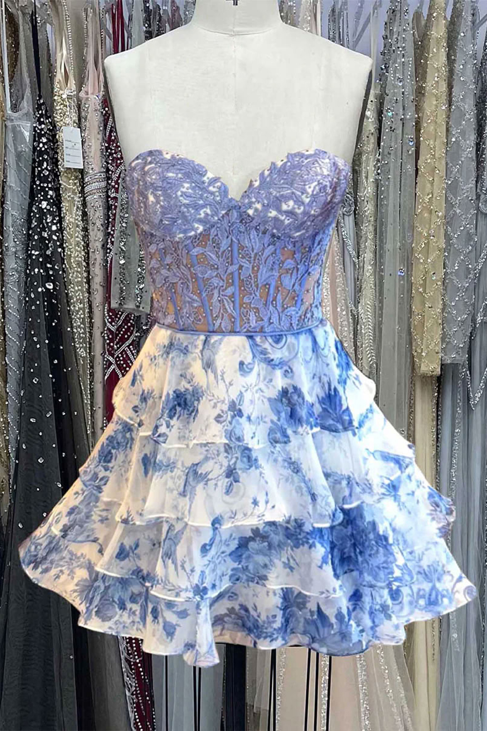 Blue Floral Ruffled Tiered A Line Short Homecoming Dress with Lace