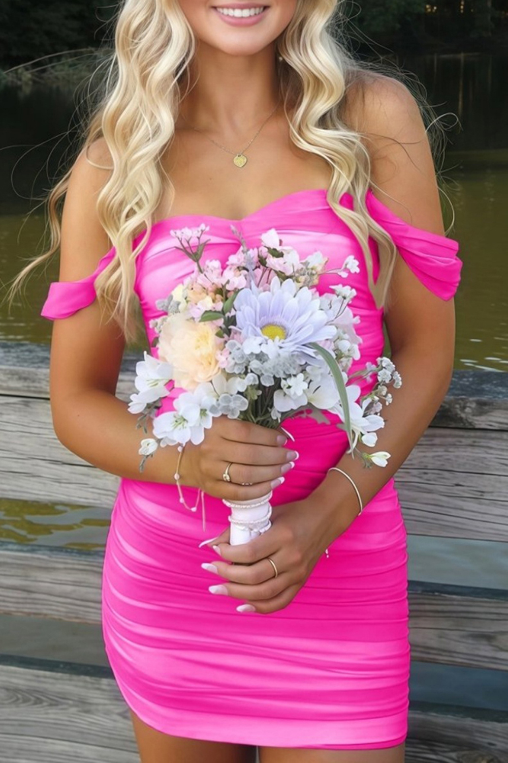 Fuchsia Bodycon Off the Shoulder Ruched Mini Party Dress