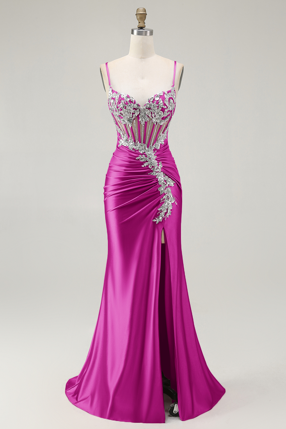 Sparkly Grey Pink Corset Satin Mermaid Long Prom Dress with Slit