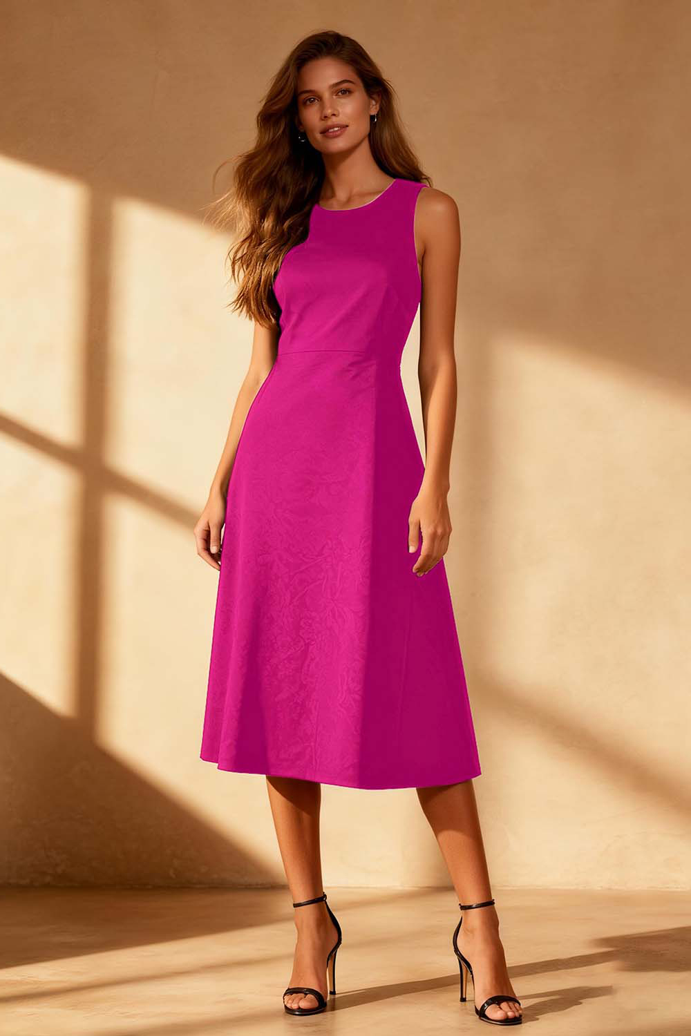 Elegant Black Satin Bodycon Round Neck Midi Cocktail Dress