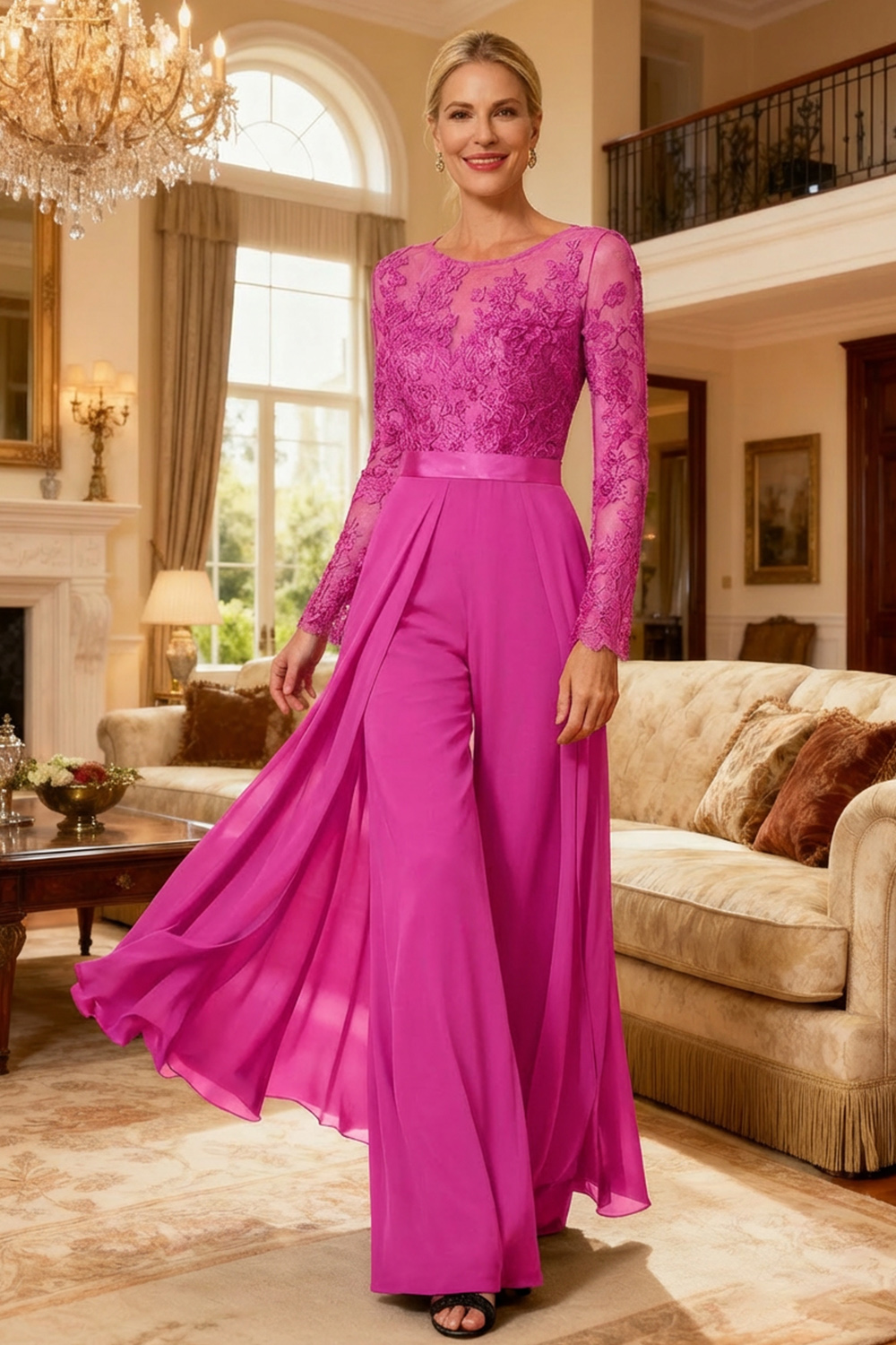 Black Chiffon Illusion Neck Floor-Length Mother Of The Bride Jumpsuit with Cape