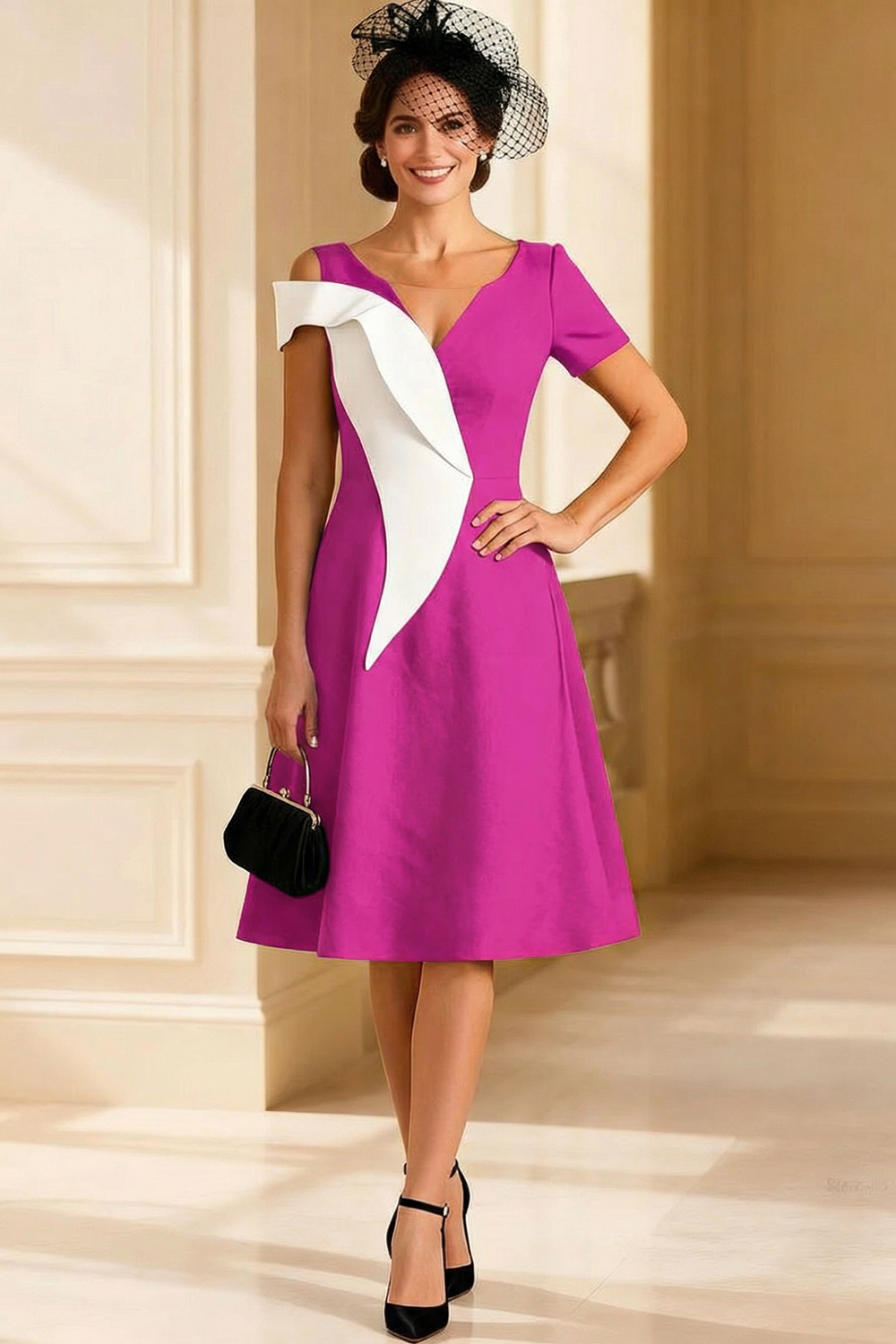 V Neck Black and White A Line Midi Mother of the Bride Dress