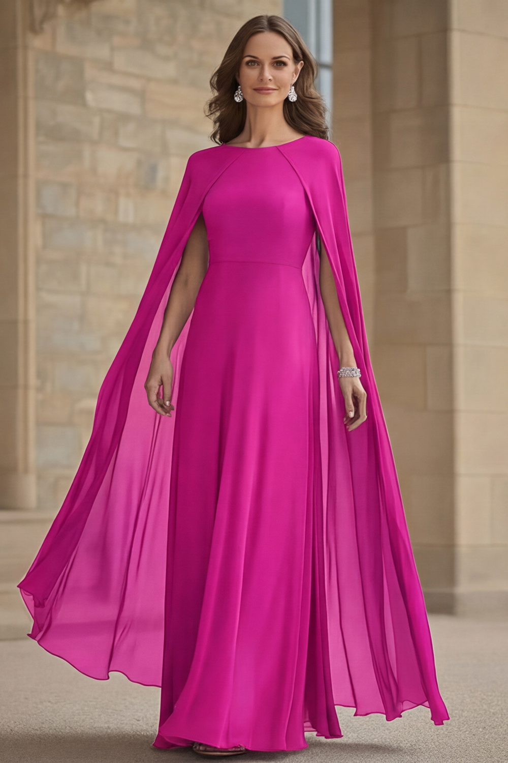 Scoop Neck Chiffon Navy Mother of the Bride Dress with Cape