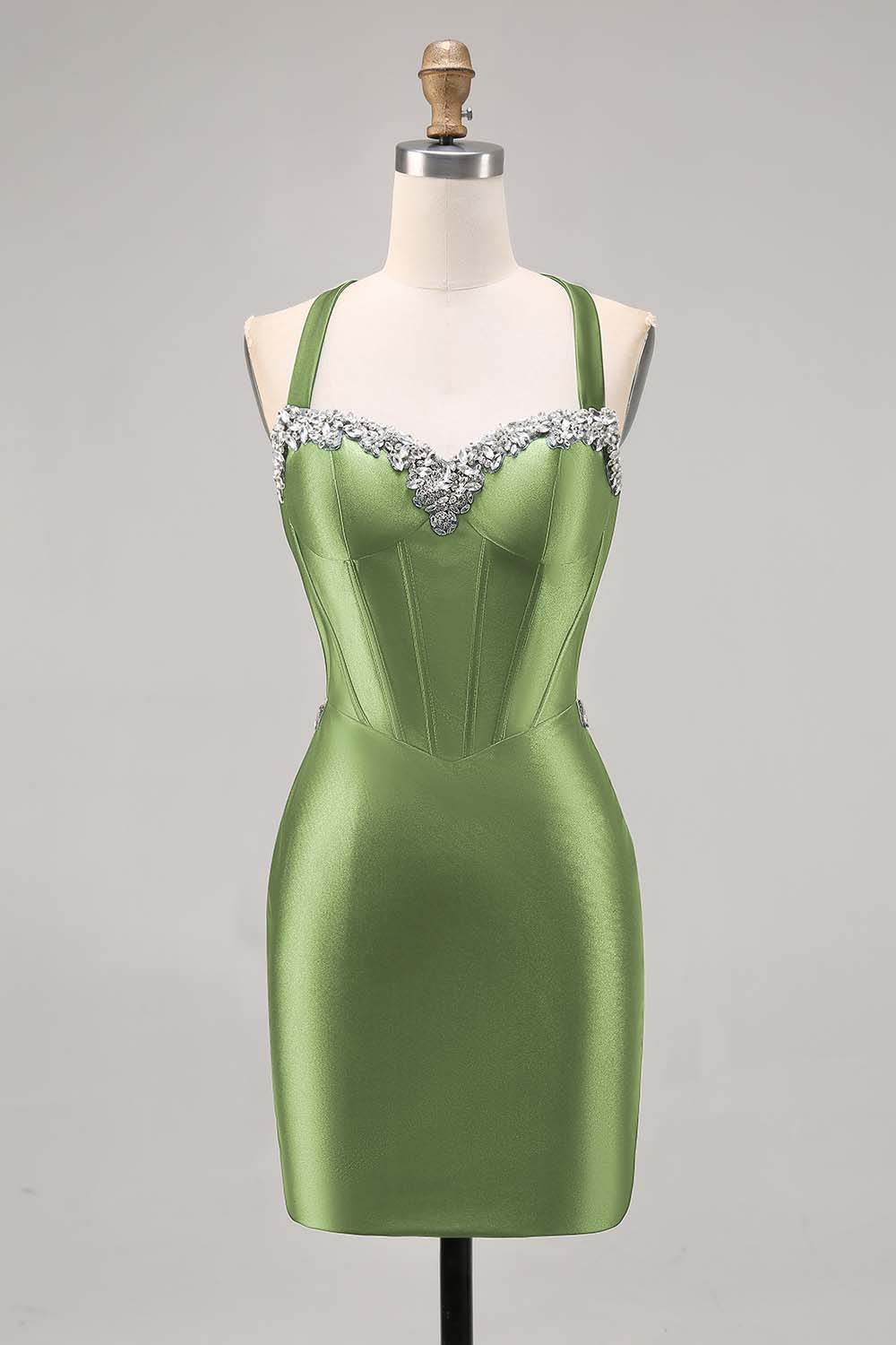 Sparkly Dark Green Satin Short Corset Tight Homecoming Dress with Beading