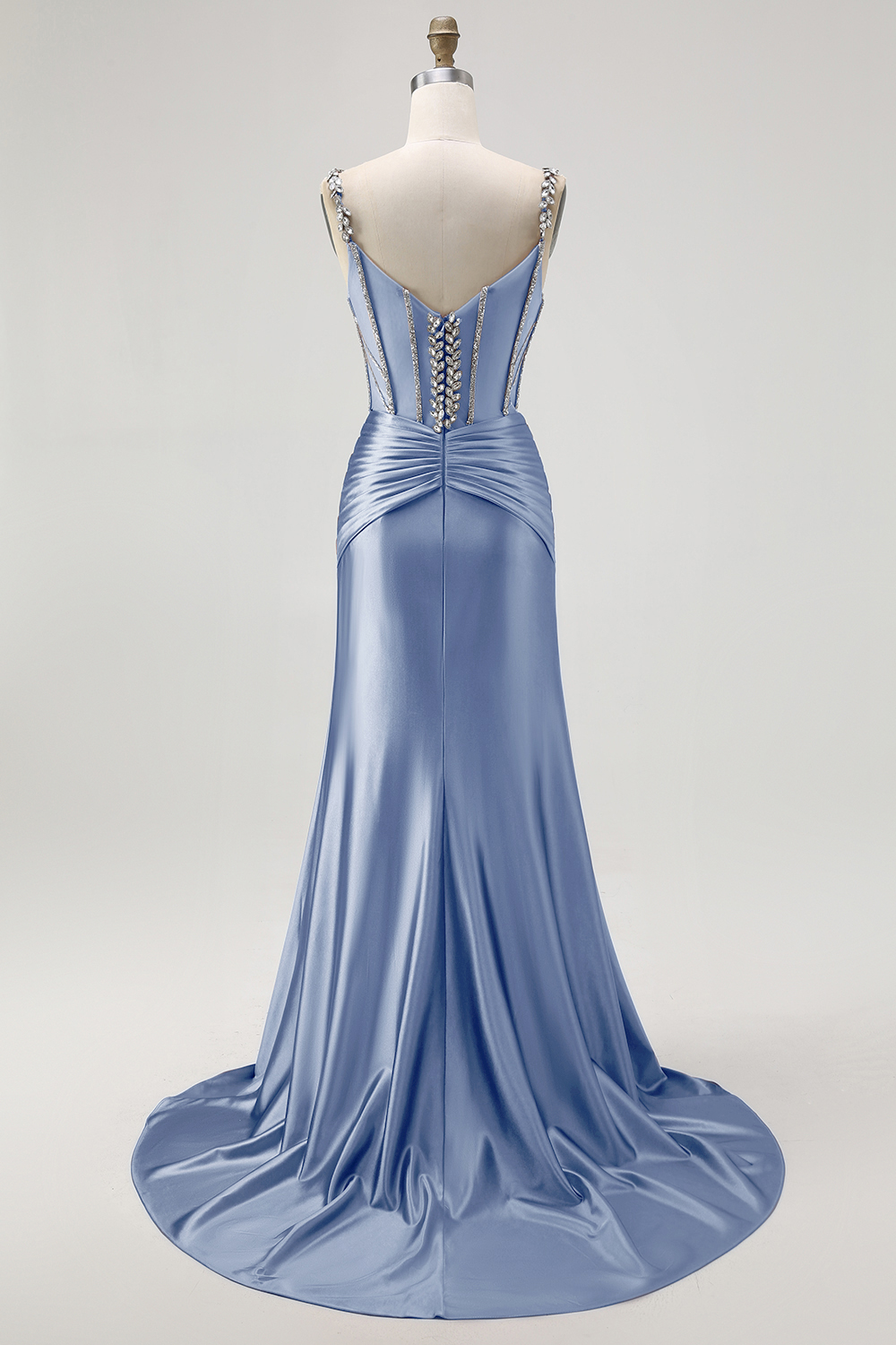 Sparkly Blush Spaghetti Straps Mermaid Beaded Satin Long Corset Prom Dress