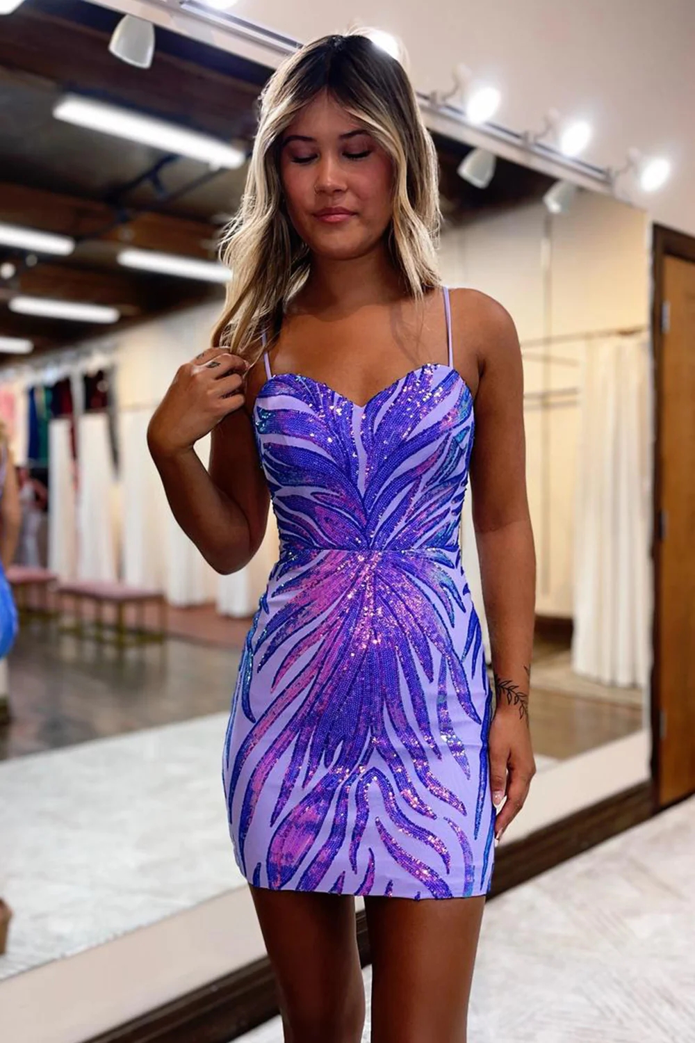 Glitter Purple Sequined Spaghetti Straps Tight Short Homecoming Dress